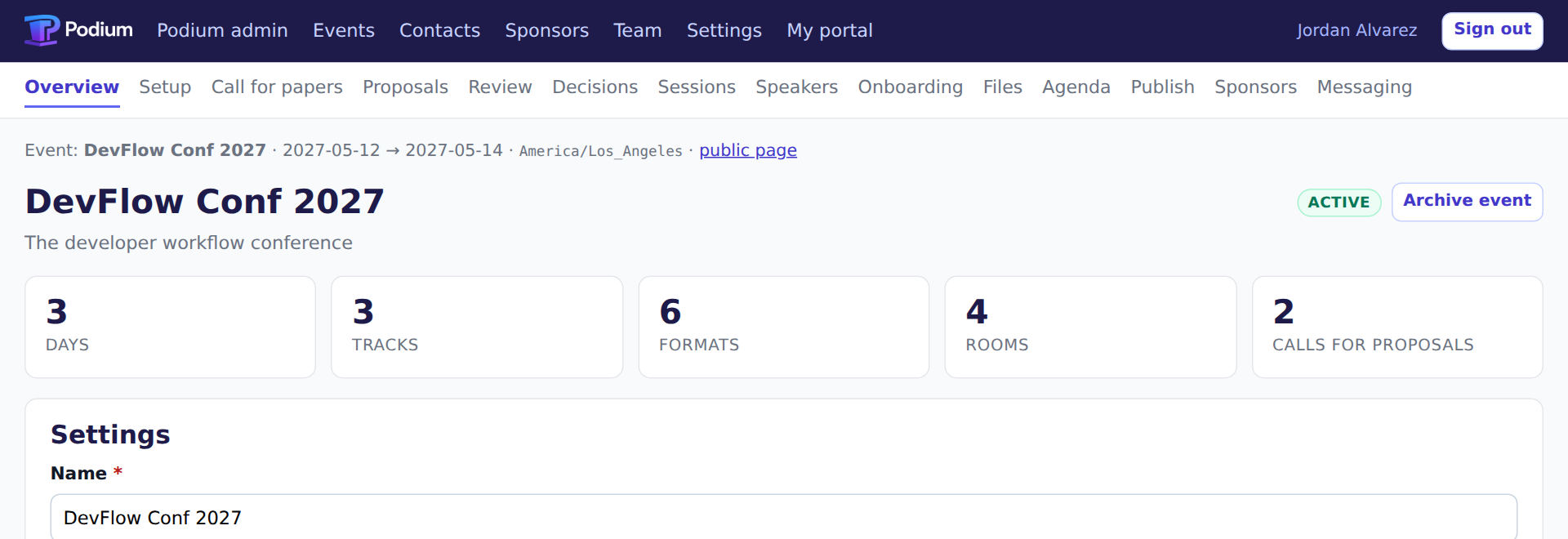 An event overview showing counts of days, tracks, formats, rooms and calls for proposals.