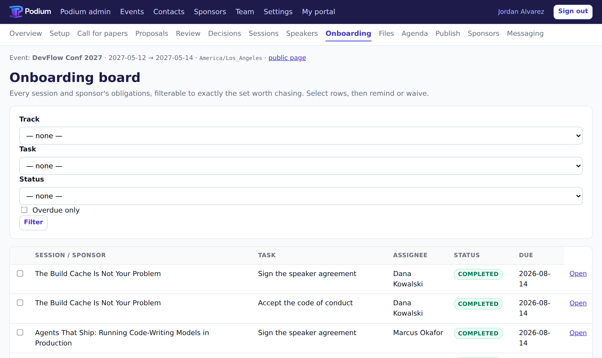 The onboarding board listing each session against each required task, with an assignee, a status and a due date per row.