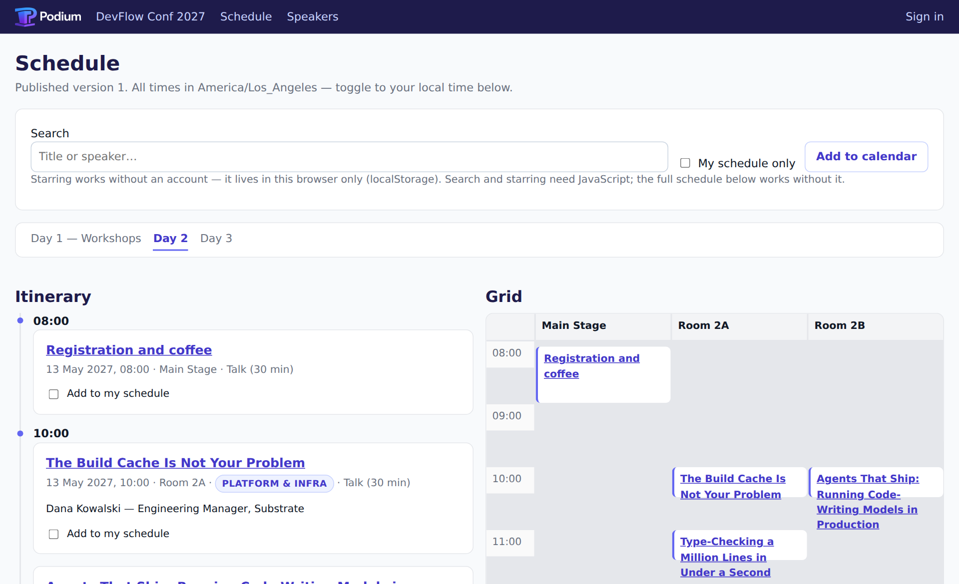 The public schedule: an itinerary of sessions with times, rooms and speakers beside a room-by-time grid, with search and add-to-calendar.