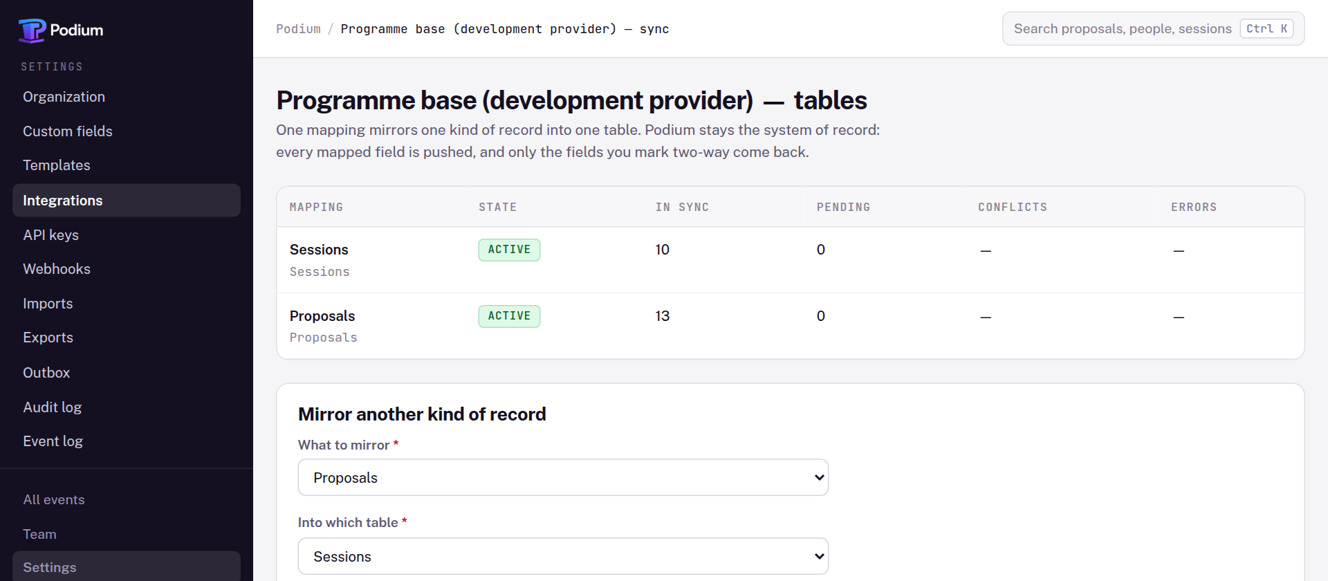 The sync screen: two mapped tables, Sessions and Proposals, both active, with counts of records in sync, pending, in conflict and errored, above the form for mirroring another kind of record.